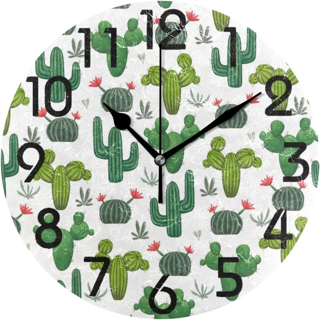 Fresh Tropical Cactus with Flowers Pattern Round Wall Clock Decorative, 9.5 Inch Battery Operated Quartz Analog Quiet Des