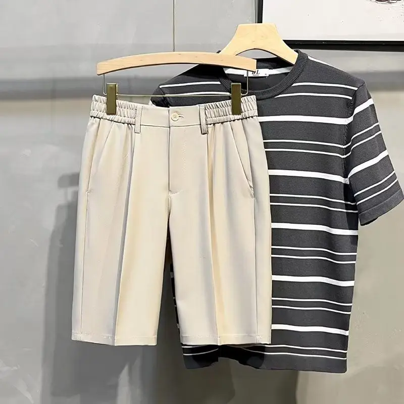 2024 Summer Business Casual Fashion Minimalist Solid Color Versatile Elastic Waist Pocket Oversized Thin Breathable Suit Shorts