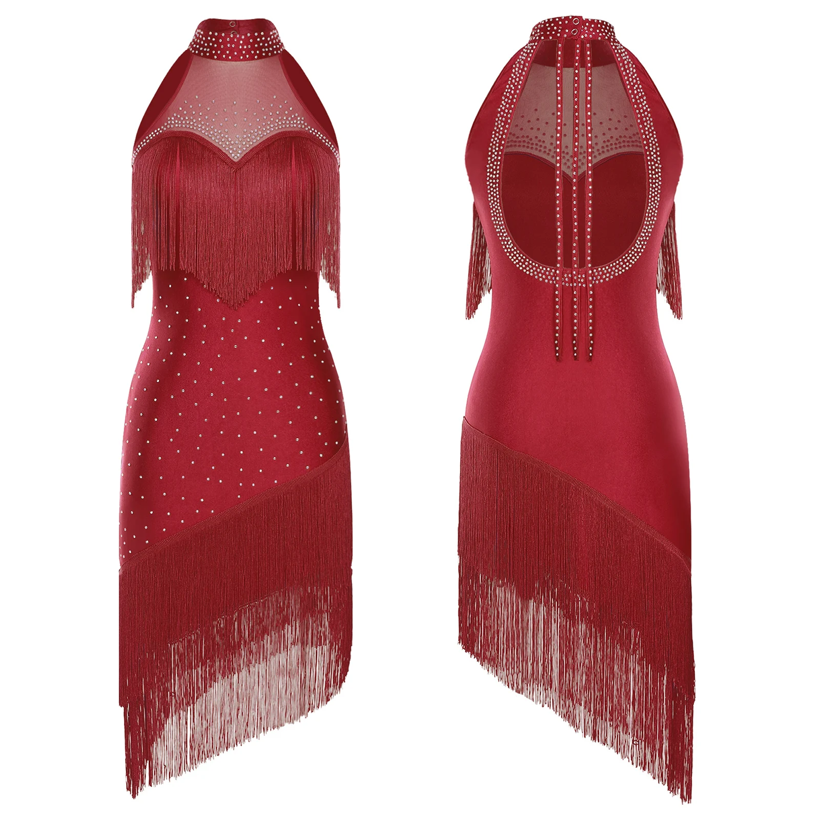 Glamorous Latin Dance Dress Womens Rhinestone Fringe Belly Dance Costume Backless Tango Rumba Latin Ballet Performance Outfit