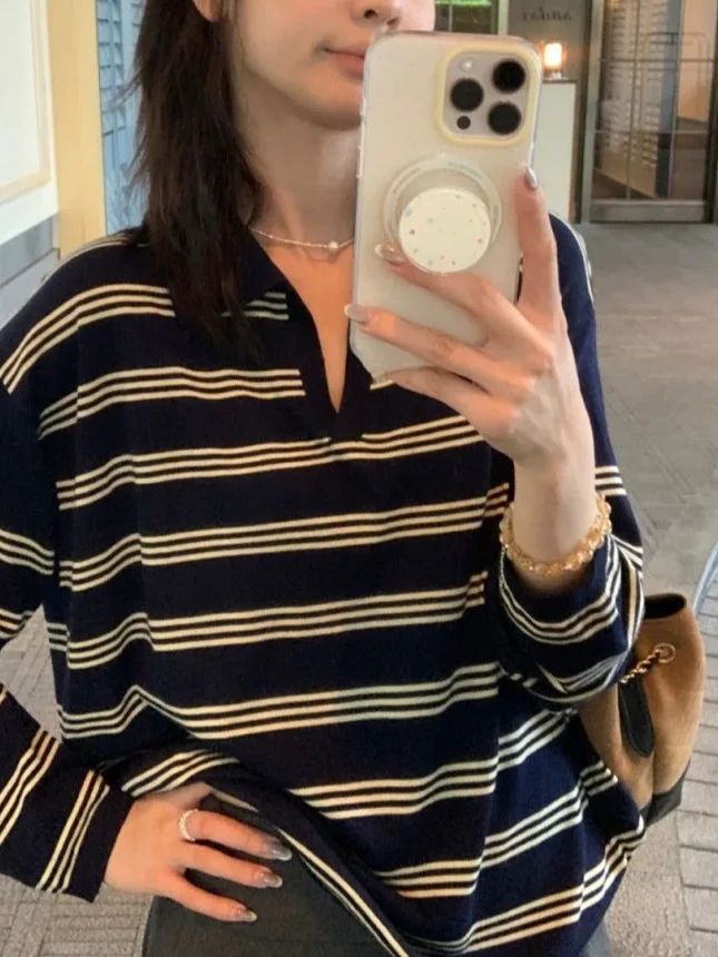 

Korean Sle Loose Fit Ne Knitwear Women Casual Striped Turn-down Collar Loose Lazy Sle Top for Autumn Season