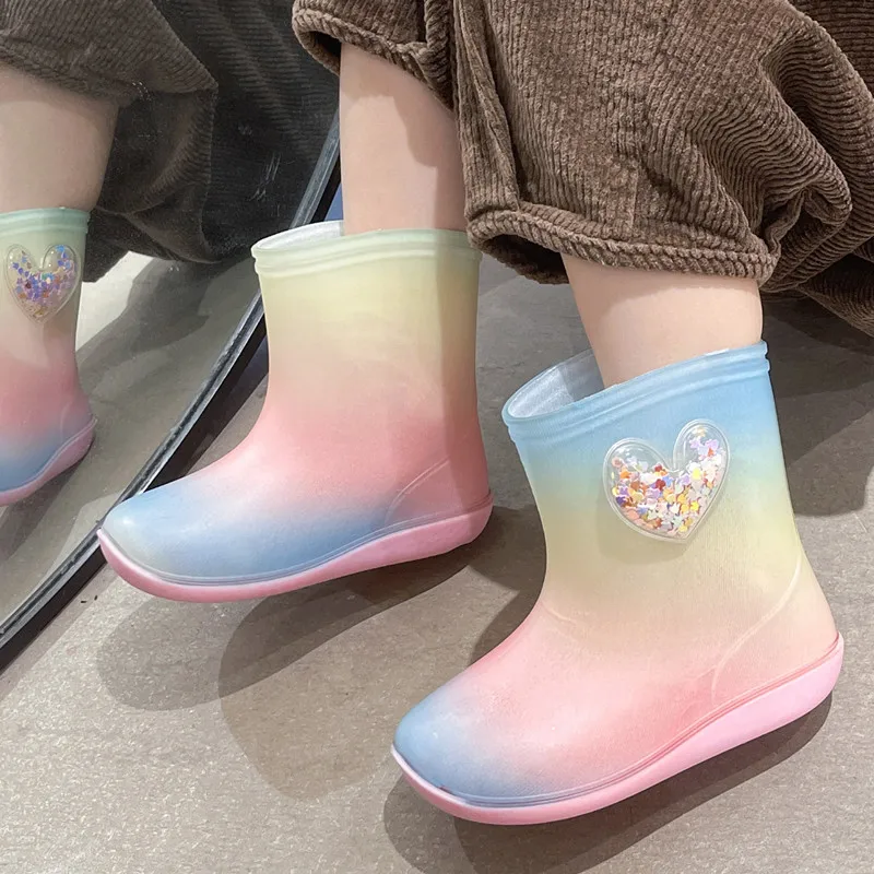 Girls Rain Boots Fashion PVC Waterproof Non-slip Water Boots Sweet Rainbow Bow Kids Princess Shoes Cotton Warm Baby Rubber Boots