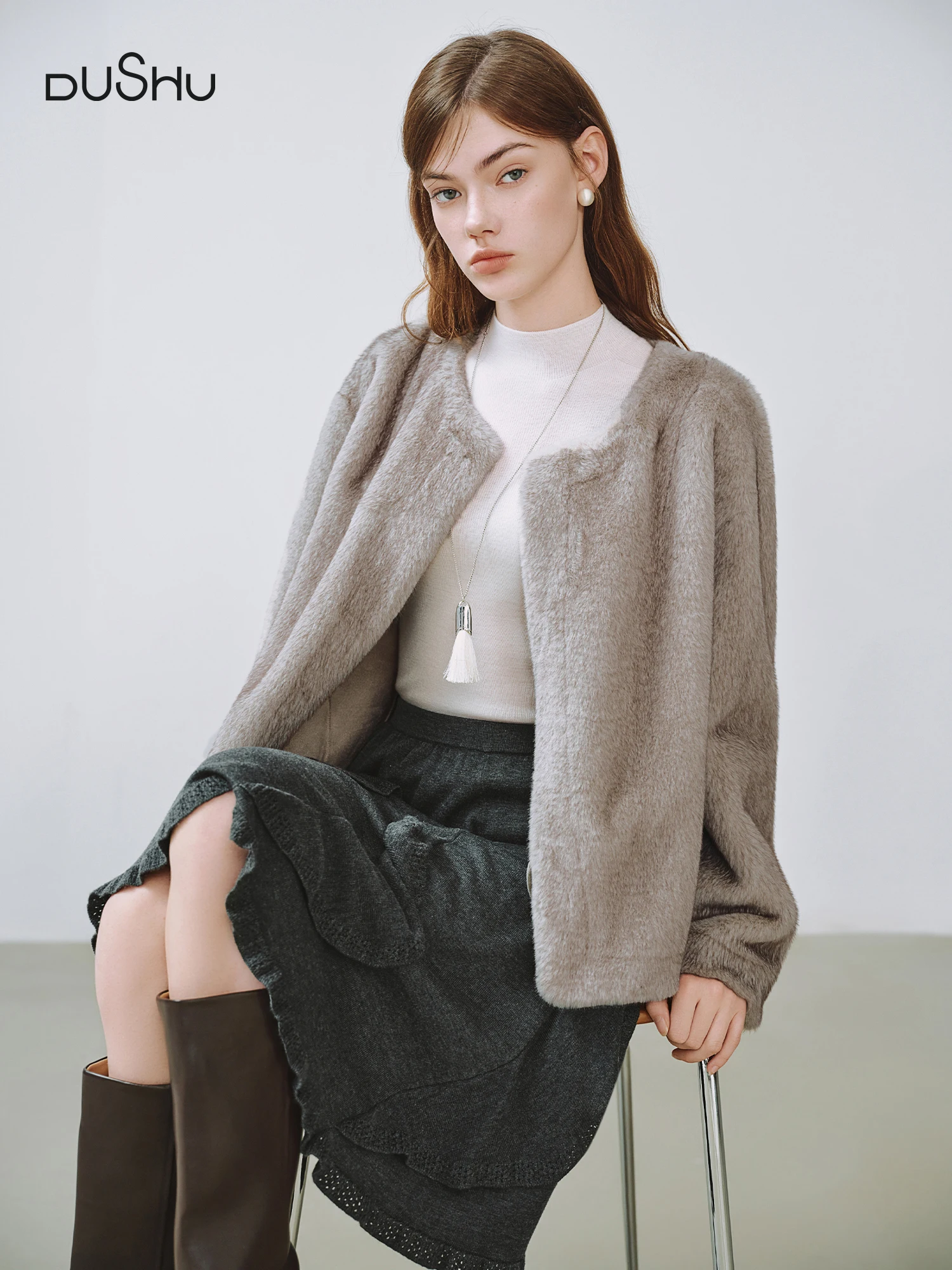 DUSHU Plus Size Faux Mink Eco-friendly Fur Coat New Winter 2025 Loose Fit Short Coat Banquets Commuting Classic Elegant Design