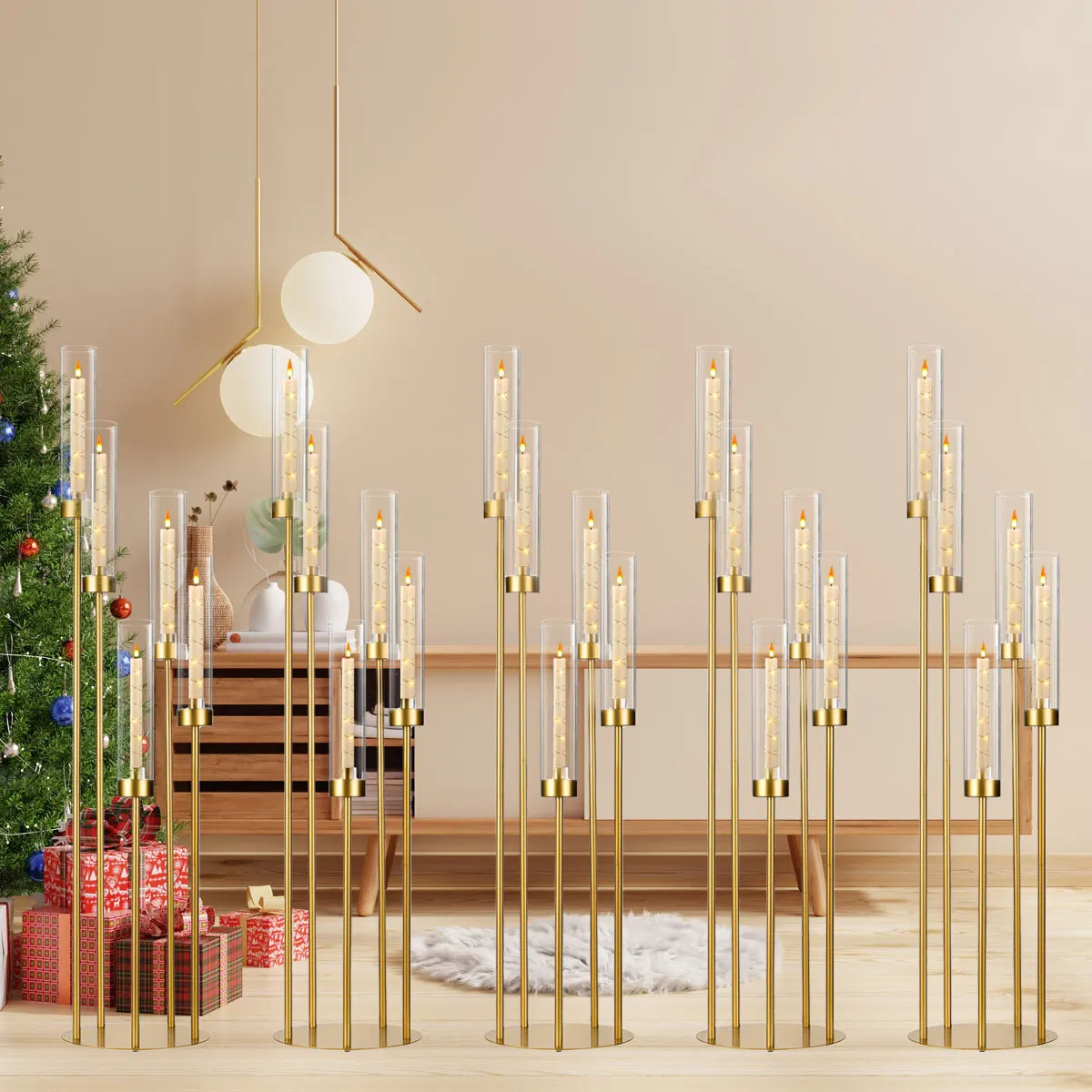 10Pcs Gold Floor Candelabra 5 Arm, Tall Candle Holder with Acrylic Lampshade for Wedding Party Home Decor, Fit LED Taper Candles