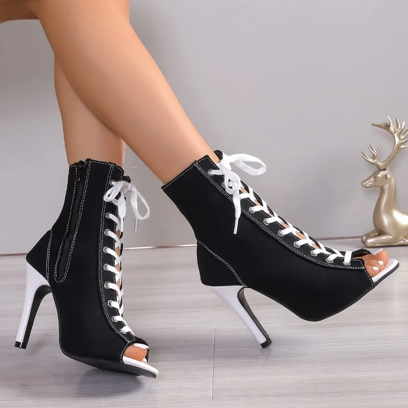 

Women's Fashion Sandal Boots Thin Heels Peep Toe Side Zipper High Heels Dress Personality Cross-band Straps Zapatillas De Mujer