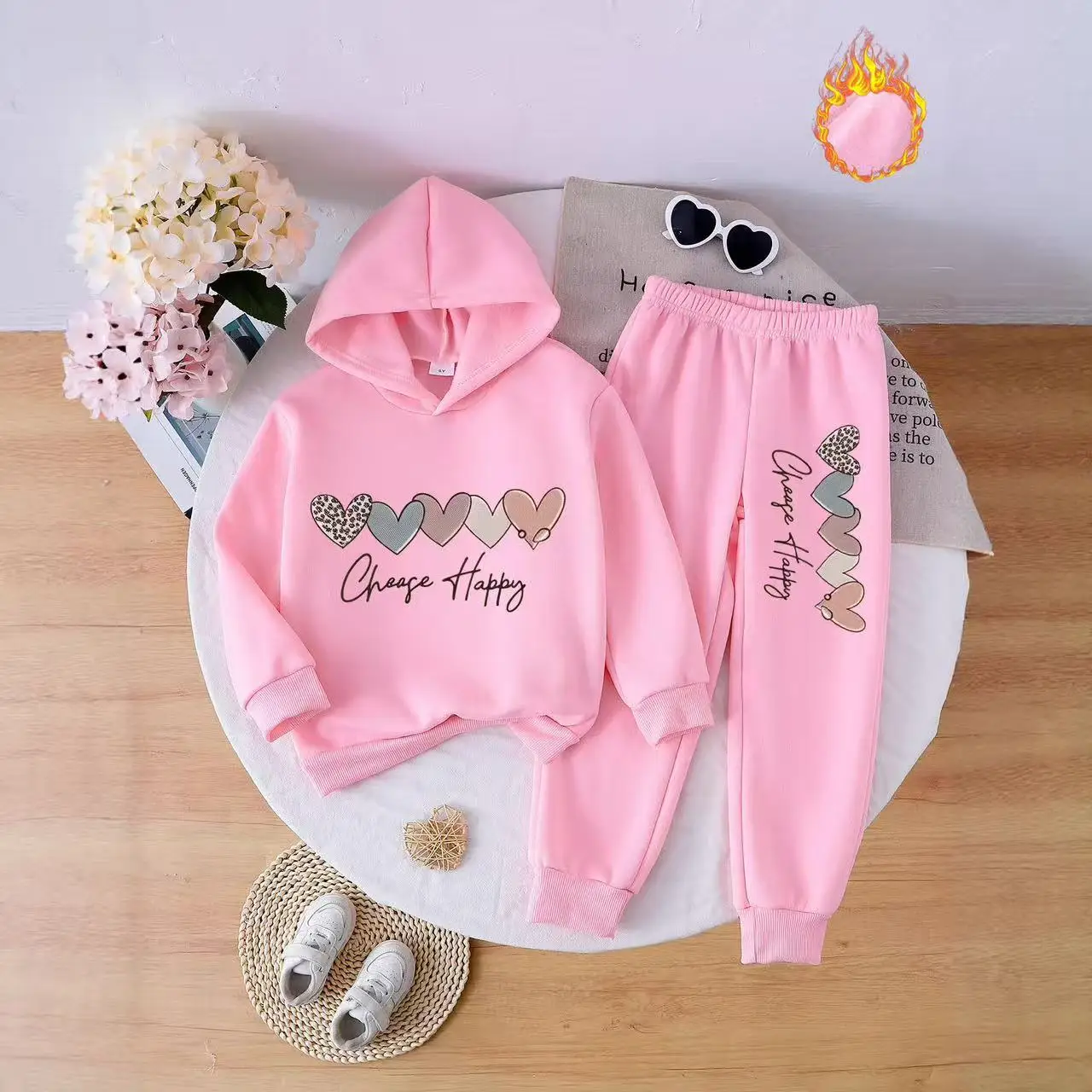 

Autumn and Winter Girls Velvet Two-piece casual Set for Letter Love Print Autumn and Winter Loose Style for Children