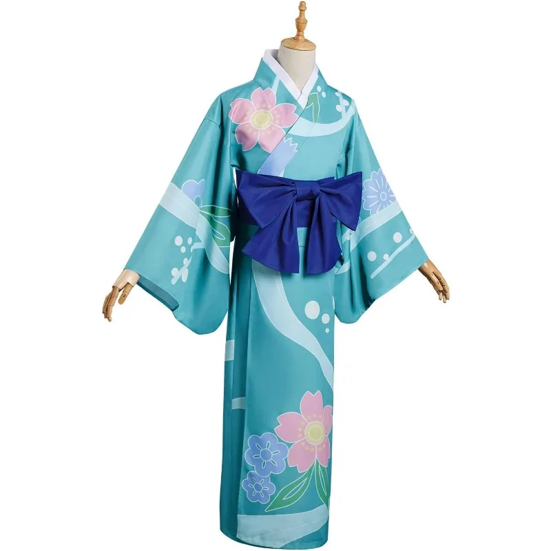 Anime Hashibira Inosuke Cosplay Patterned Blue Kimono Belt Outfit Adult Costume Japanese Uniform Halloween for Women view 4