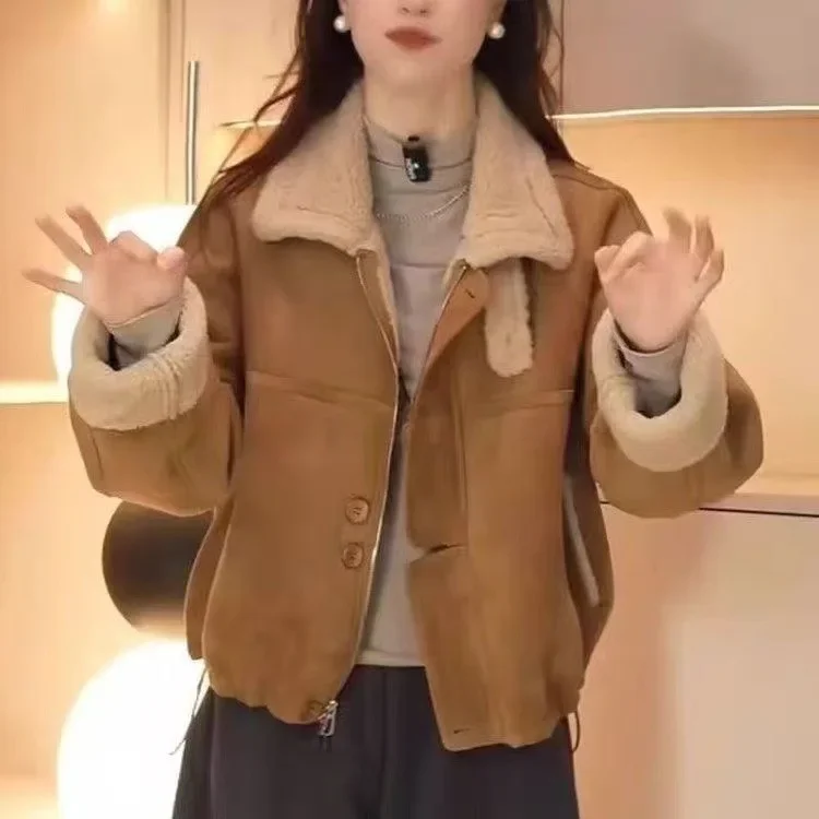 

Womens Short Fleece Lined Jacket Thickened Suede Fur Integrated Autumn Winter Fashion Casual Trendy Polyester Fabric Coat