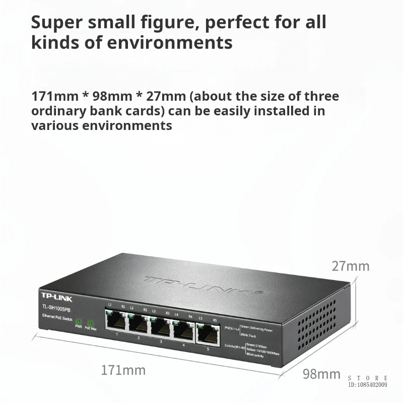 TP-link 2.5Gbps Ethernet PoE Switch, Single Port Power 90W, Overall PoE Power 118W, 4*2.5GE (PoE)+1*2.5GE, TL-SH1005PB