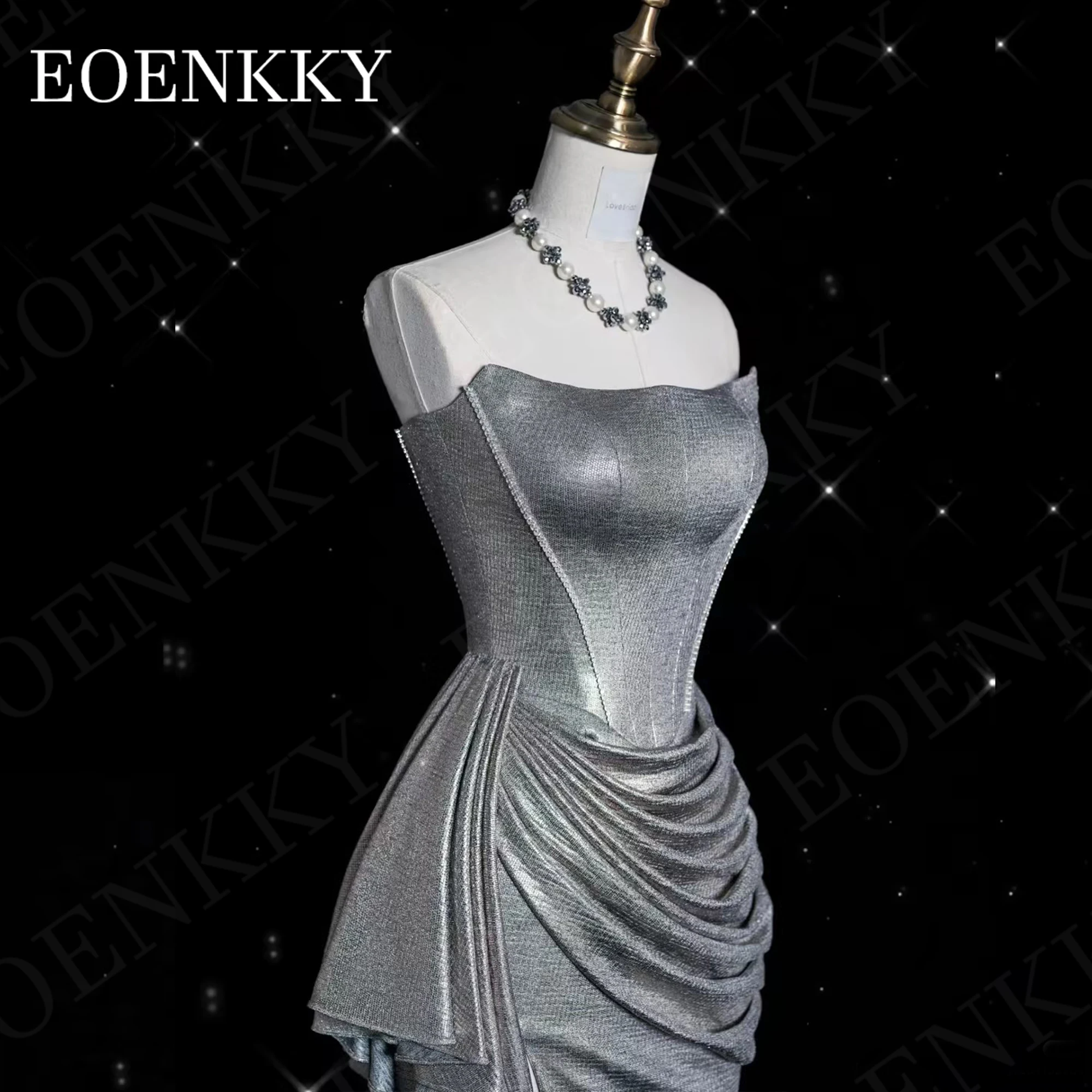 Silver Mermaid Prom Dress With Split فساتين سهرة Strapless Pleats Sexy Dinner Dresses Women Elegant Party Sleeveless Sweep Train