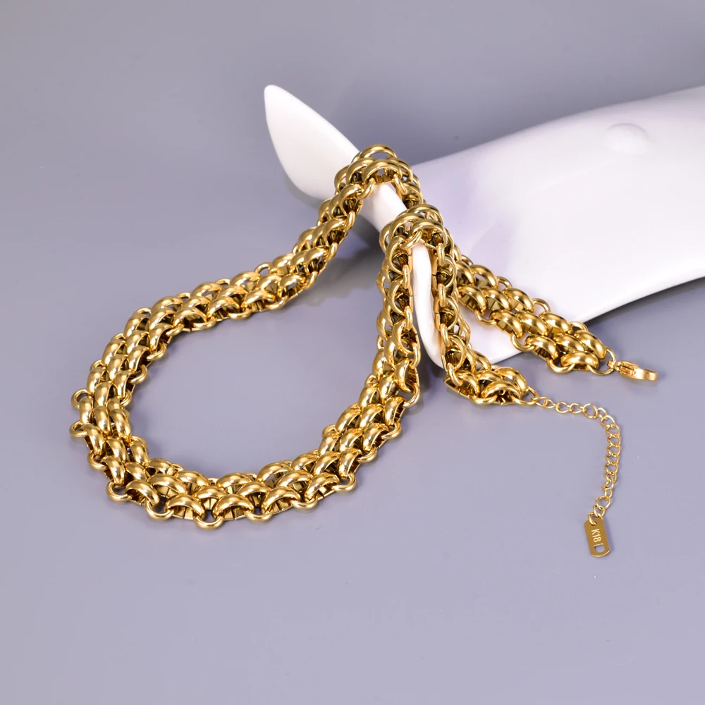 

L02 Elegant Dual-Layer Jewelry - Mirror-Gold Plated Steel Necklace with Geometric Chain Weave