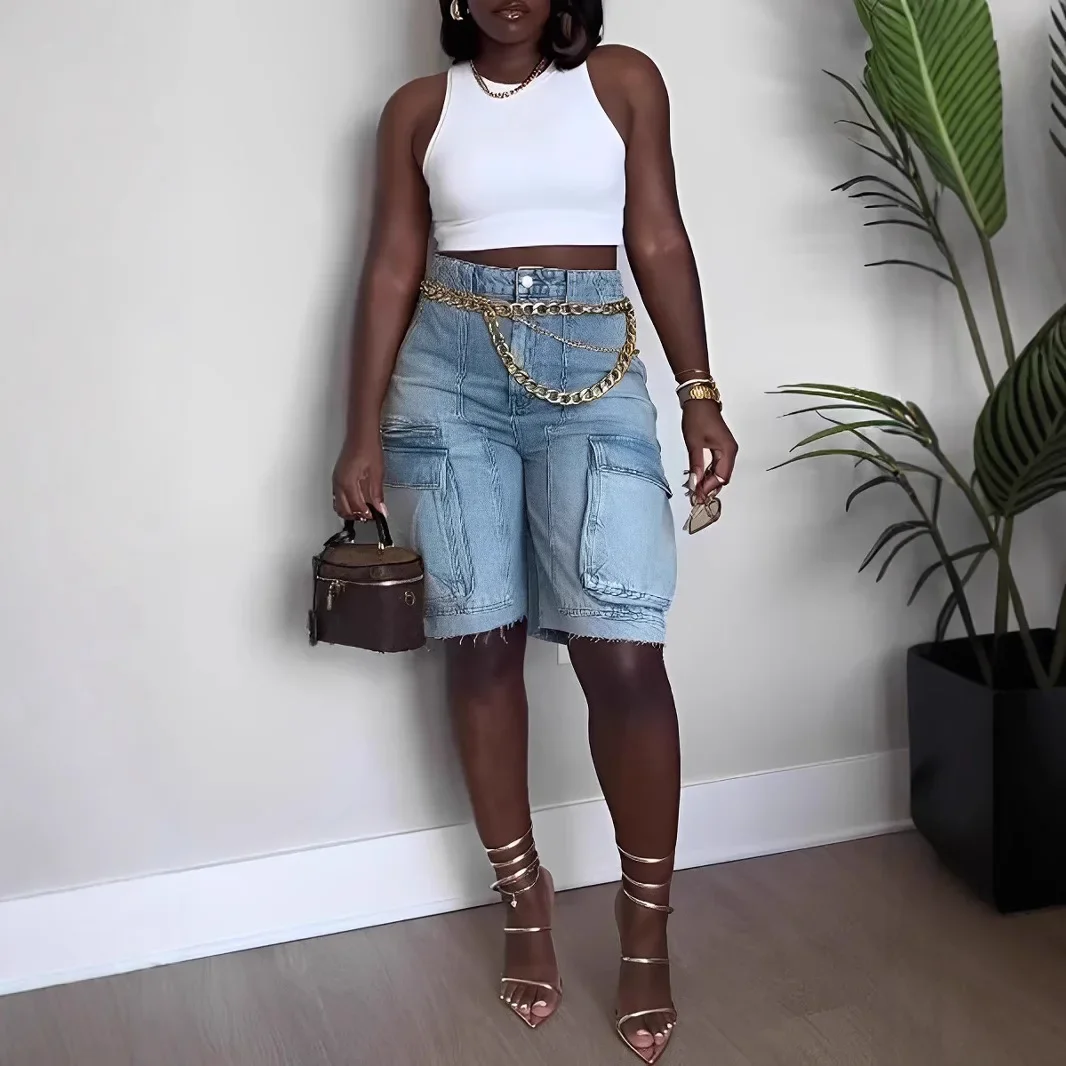

Новые рваные джинсовые шорты на весну и лето. Женские повседневные свободные рабочие джинсы средней длины с несколькими карманами и высокой талией