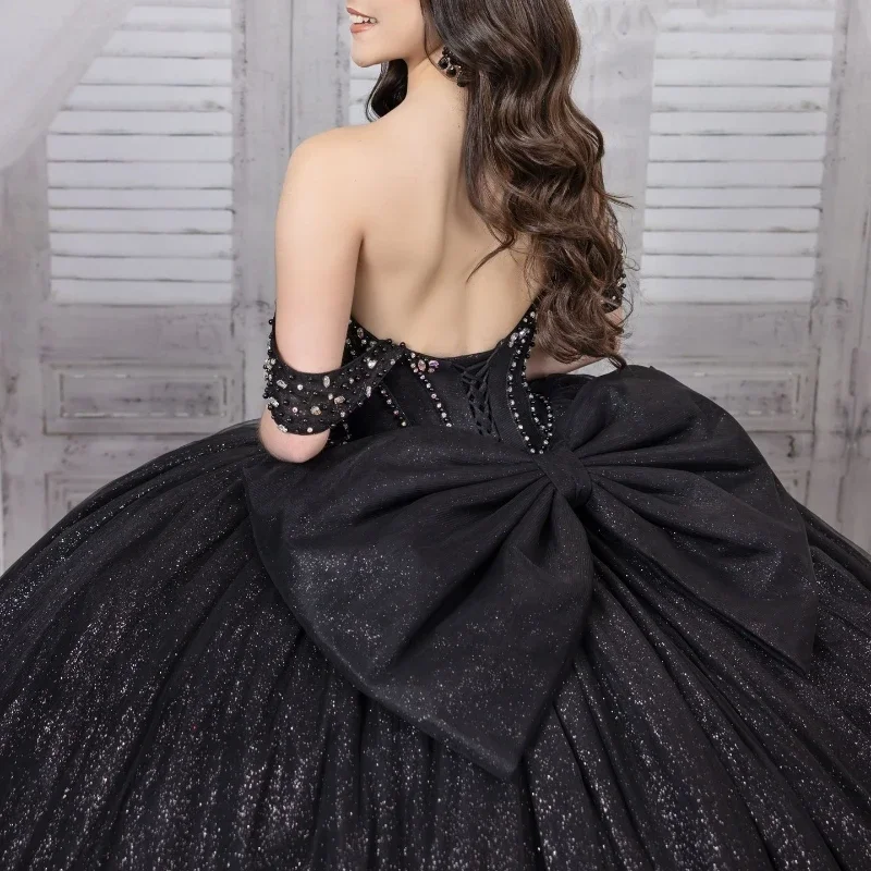 Angelsbridep Customized Glitter Tulle Black Ball Gown Quinceanera Dresses 2025 Beading Crystal Prom Party Vestidos De 15 Años