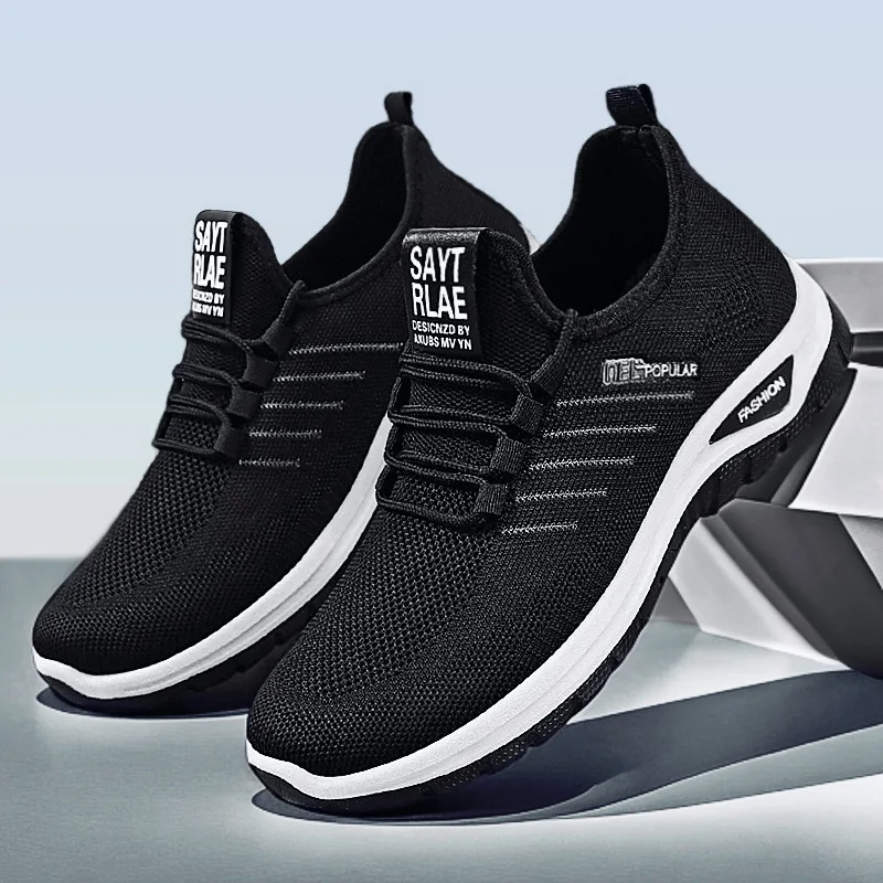 Elastic Lazy Lace Up Knit Mesh Sneakers Men Breathable Non Slip Soft Rubber Sole Daily Driving Walking Casual Shoes