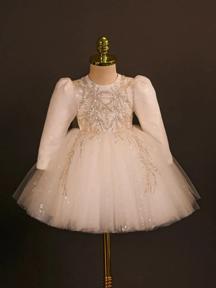 Baptism Dress for Baby Girl One-piece Dresses for Weddings Children White Sequins Tulle Ball Gown Kids Princess Banquet Costumes