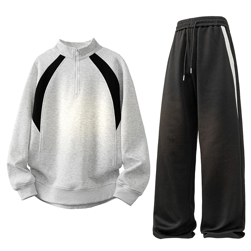 Men's and women's half-zipped hoodies, long-sleeved two-piece sportswear, patchwork stand-up collar hoodies + straight-leg pants