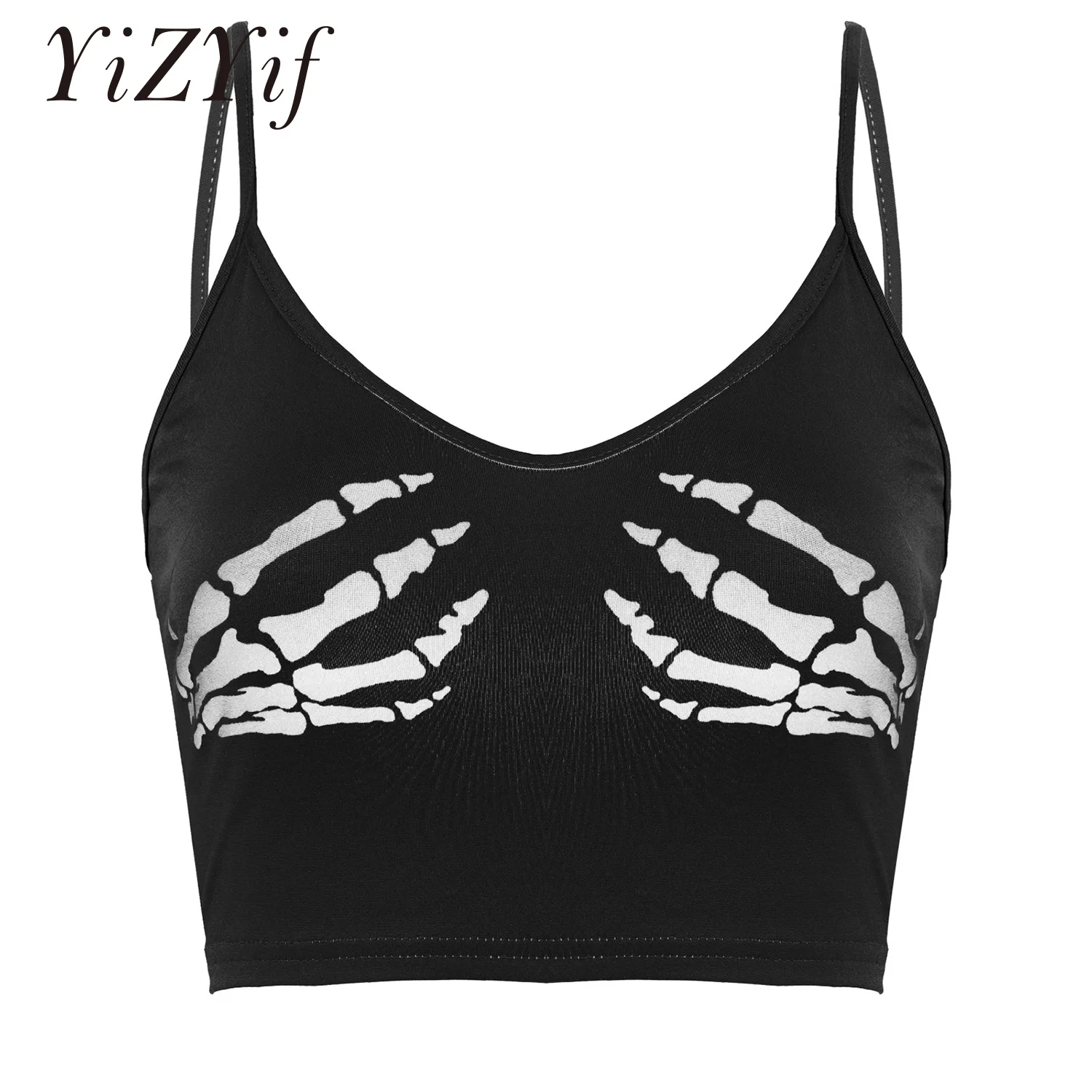 

Sexy Club Women Summer Crop Top Y2K Camis Black Sleeveless Human Skeleton Skull Hand Printed Tights Vest Girls Party Clubwear