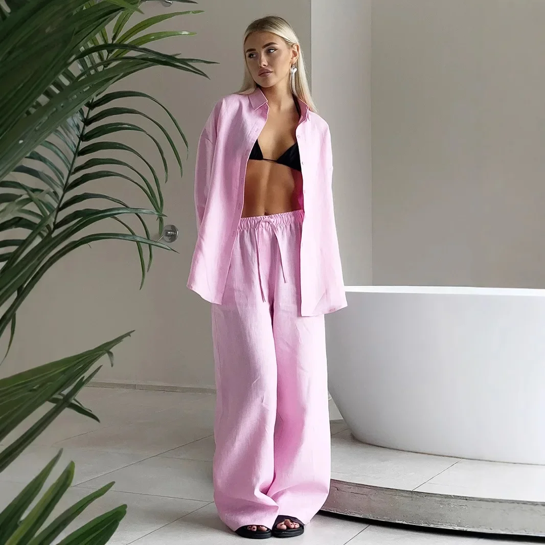

2025 Cotton Casual Two-piece Pants Sets Women's Solid Color Cozy Lapel Long Sleeve Shirt Summer Outfit Elastic Waist Pants Suits
