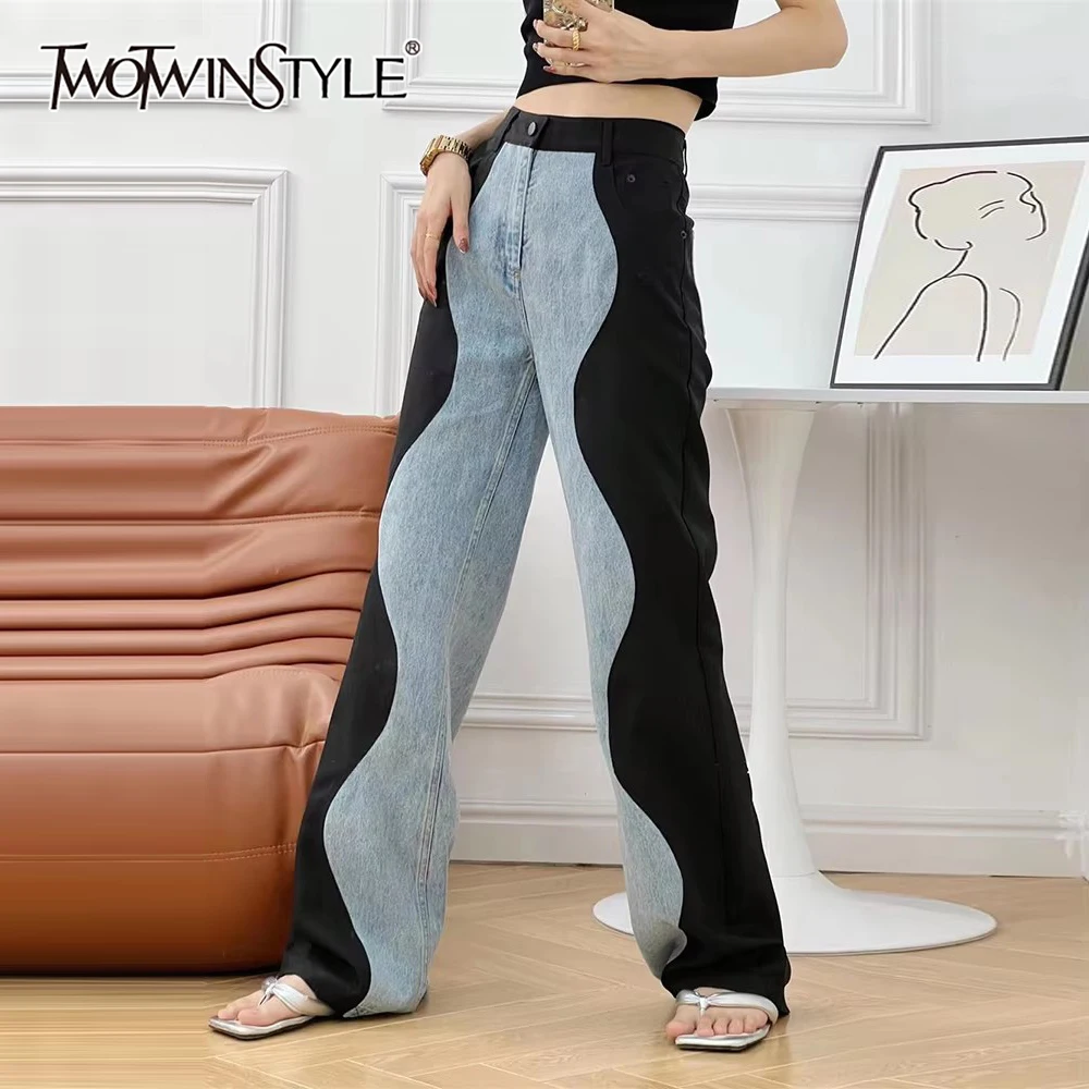 

TWOTWINSTYLE Colorblock Irregular Jeans For Women High Waist Patchwork Button Vintage High Street Jean Female Fashion Clothing