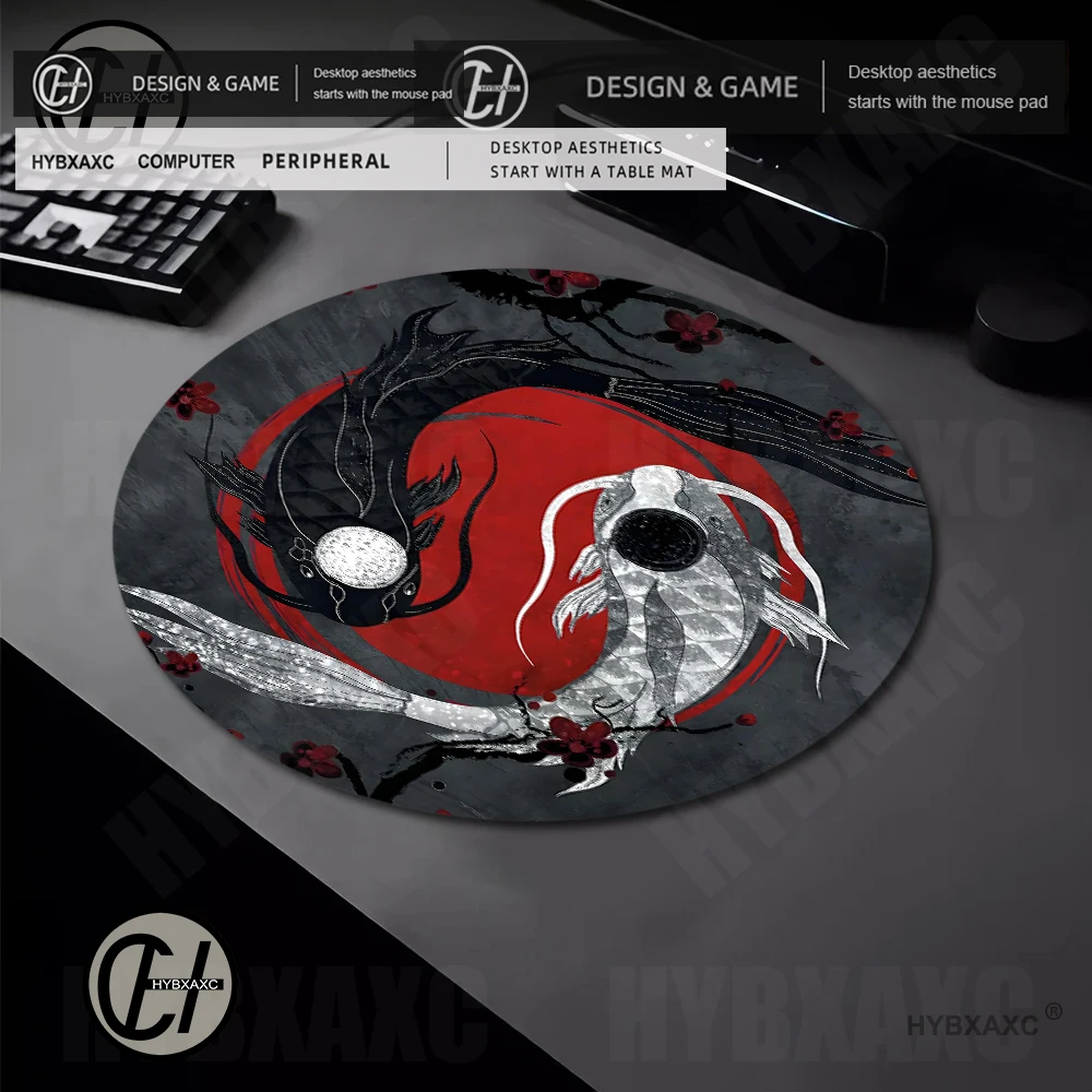 Koi fish Round Small Mouse Pad Floral and Celestial Bodies Clouds Non-Slip&Durable Stitched Edges Rubber Base Desk Mat for PC