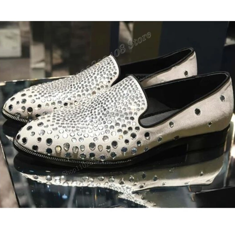 

White Crystal Decor Men Dress Shoes Leather Pointed Toe Loafers Flat Business Party Men Shoes Concise 2023 New Zapatillas Mujer