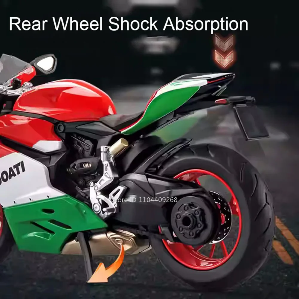 1:12 1199 V4S レーシングバイクモデルおもちゃ車 合金ボディ 衝撃吸収 サウンドライト フリーホイール モーターモデル 子供向けホリデーギフト