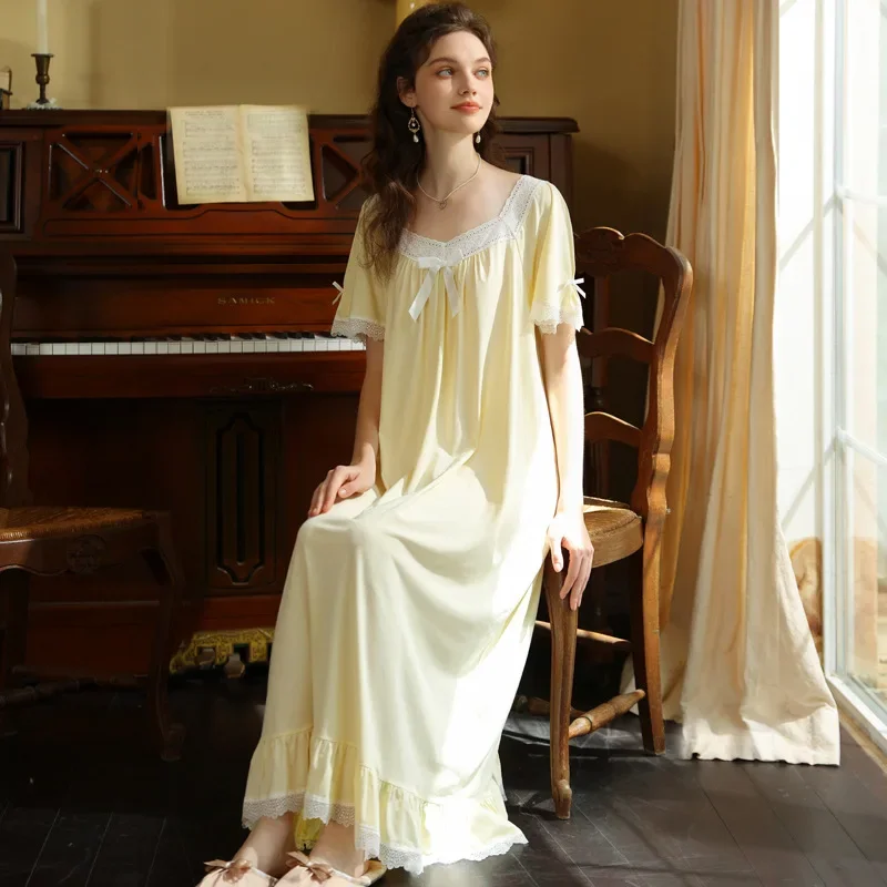 Pure Cotton Victorian Night Dress Women White Short Sleeve Sexy Lace Ruffle Nighty Peignoir Vintage Nightgown Princess Sleepwear - view 2