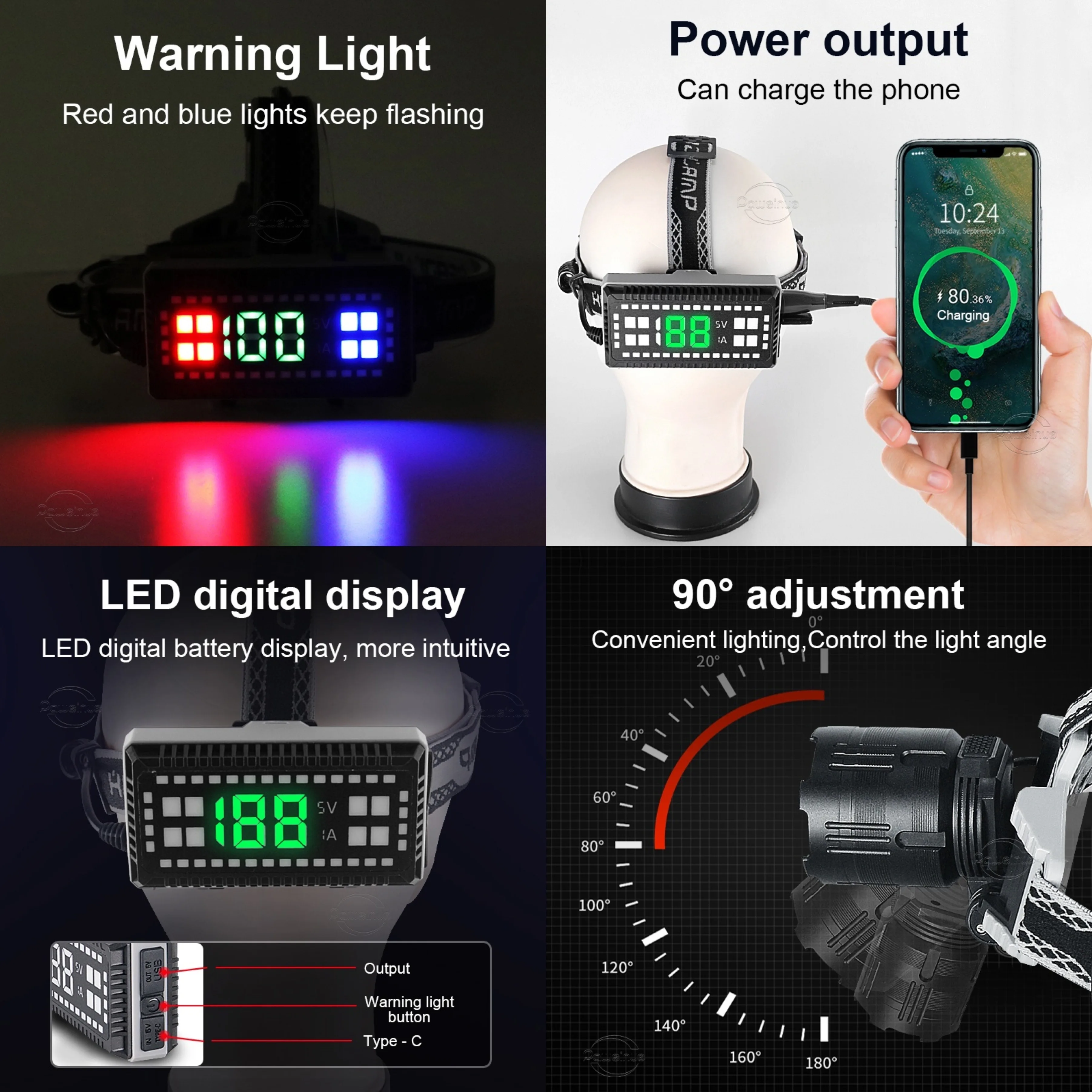 Potente linterna frontal LED de largo alcance de 1000000LM, linterna frontal de 800W, Linterna recargable con USB, lámpara frontal de alta potencia