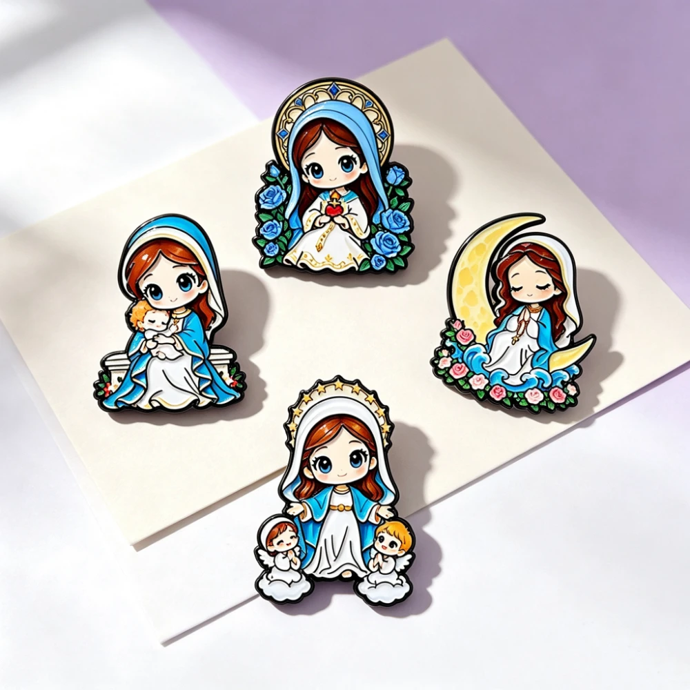 Cute Jesus Virgin Mary Enamel Pins Cartoon Religious Brooches Christian Cross Badges Jacket Backpack Decor Faith Gift