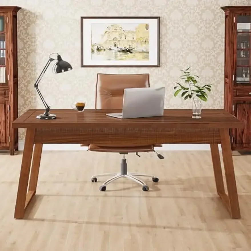 Home Office Executive Desk: 55 Inches Solid Wood Computer Desk with Drawer, Mid-Century Modern Study Writing Table