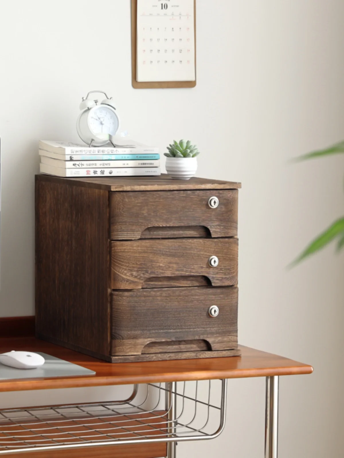 

Retro Loable Wood Desktop Organizer Der Sle Office Charcoal illed Multi-layer A4 Miscellaneous Small Cabinet
