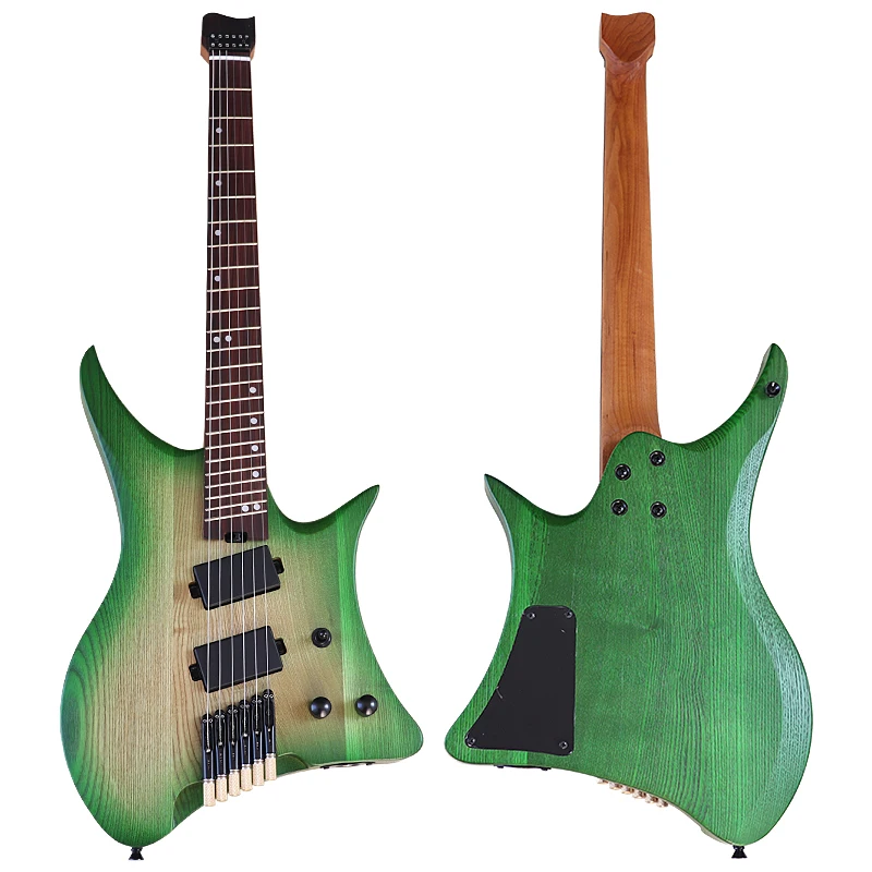 Fanned Frets 6 String Headless Electric Guitar 30 Inch Solid Ashwood Body Mini Guitars Matte Finish Green & Black Color