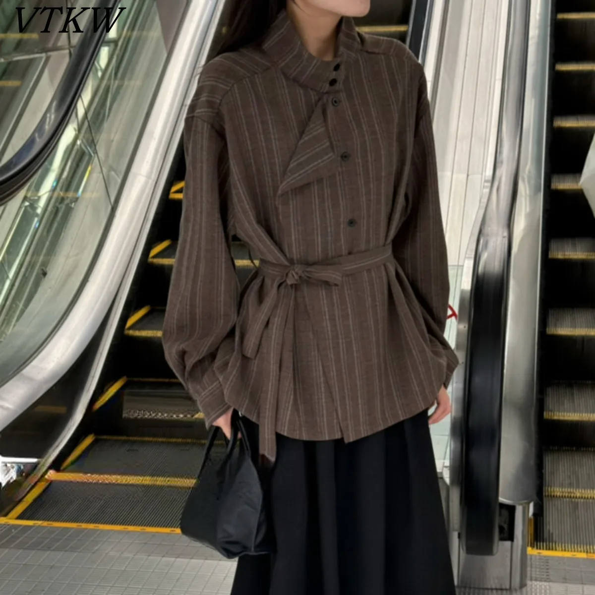 

VTKW женская винтажная полосатая куртка-рубашка с цветными блоками и воротником-стойкой с поясом, однобортная осенняя повседневная удобная посадка, элегантная