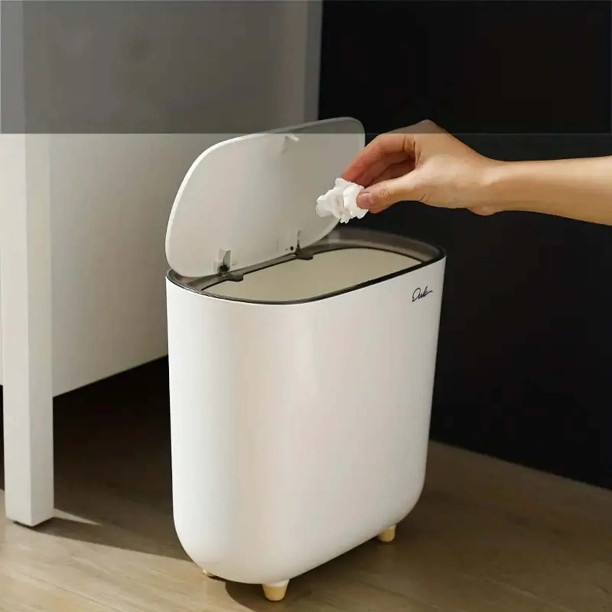 1pc Toilet Trash Can, Slim Plastic Trash Bin With Lid, Gap Garbage Can, Narrow Small Sealed Waste Paper Storage Bucket, Living R