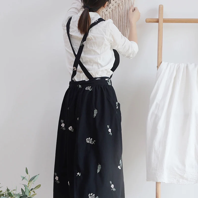 Vintage Pleated Skirt Apron Cross Back Women Hairdresser Garden Overalls Bib Kitchen Cooking Florist Pinafore Dress With Pocket