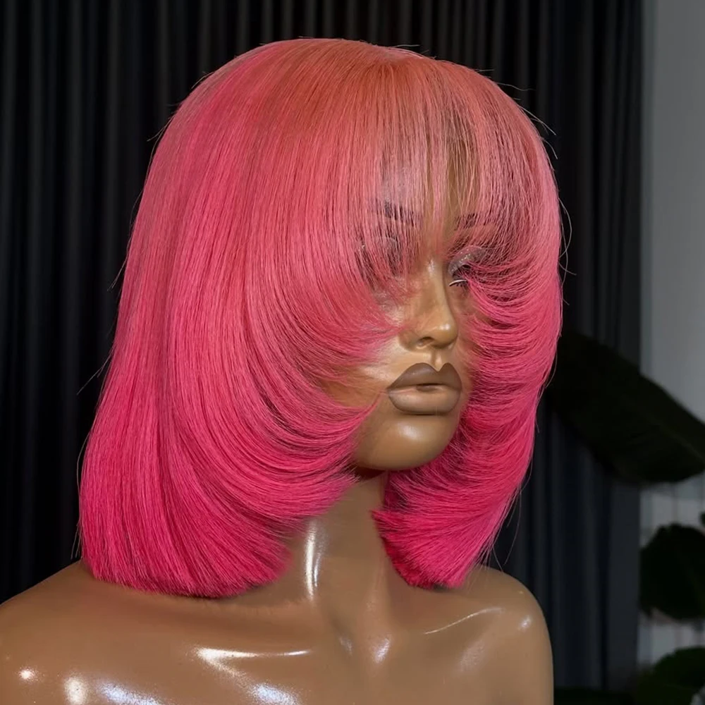 RINA Hot Pink Straight Bob Lace Front Perücke aus Echthaar, 180 Dichte, kurzer Bob, farbige Modeperücke mit Pony, Lace-Perücken für Damen