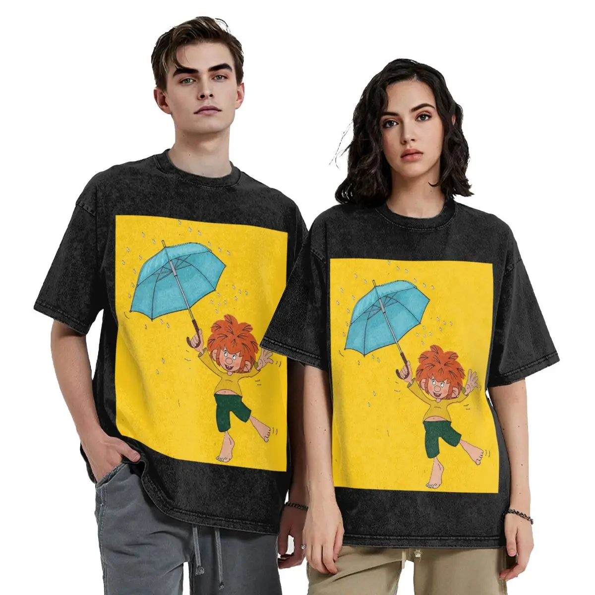 

Pumuckl Umbrella Pulled By The Wind Футболки с короткими рукавами в стиле хип-хоп Стираные топы Футболки Уличная футболка Harajuku для мужчин и женщин