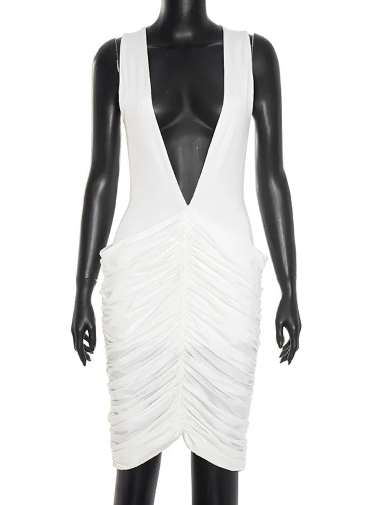 عميق الخامس الرقبة أكمام Ruched مثير ميدي فستان المرأة موضة المرقعة عالية الخصر نحيل نادي حفلة تانك فساتين الإناث #6