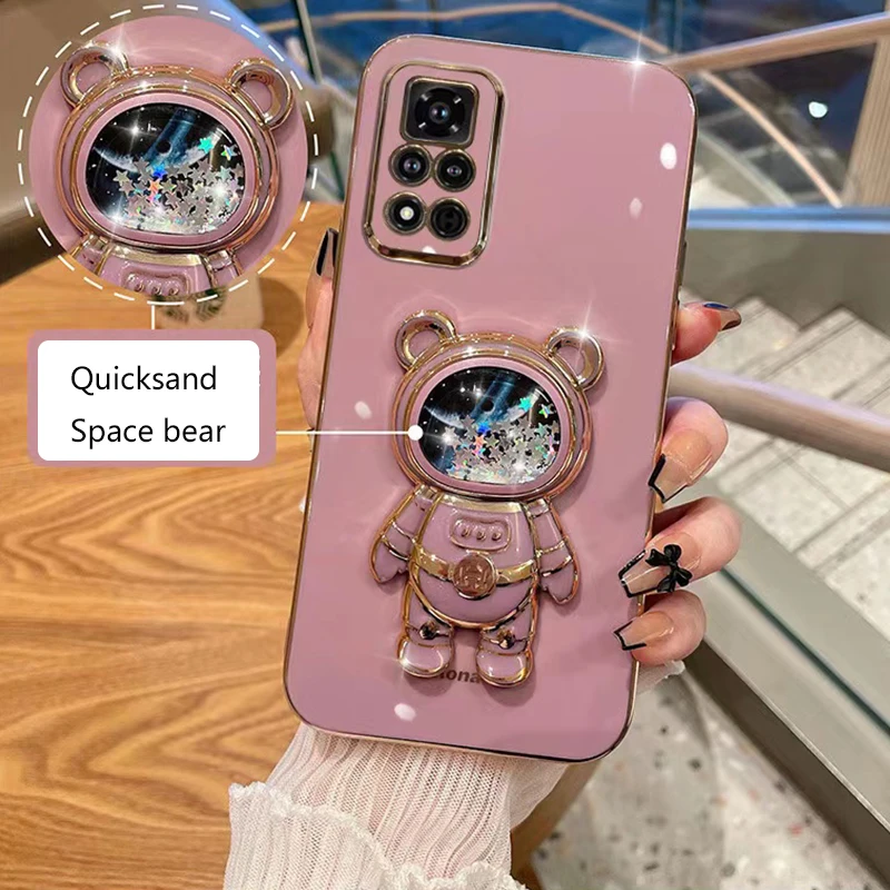 Quicksand Space Bear Holder Plating Phone Case For Xiaomi Mi 12 12S 11T 12T 12X 11 Lite Poco X3 NFC F4 X4 GT M5 M3 M4 Pro Cover