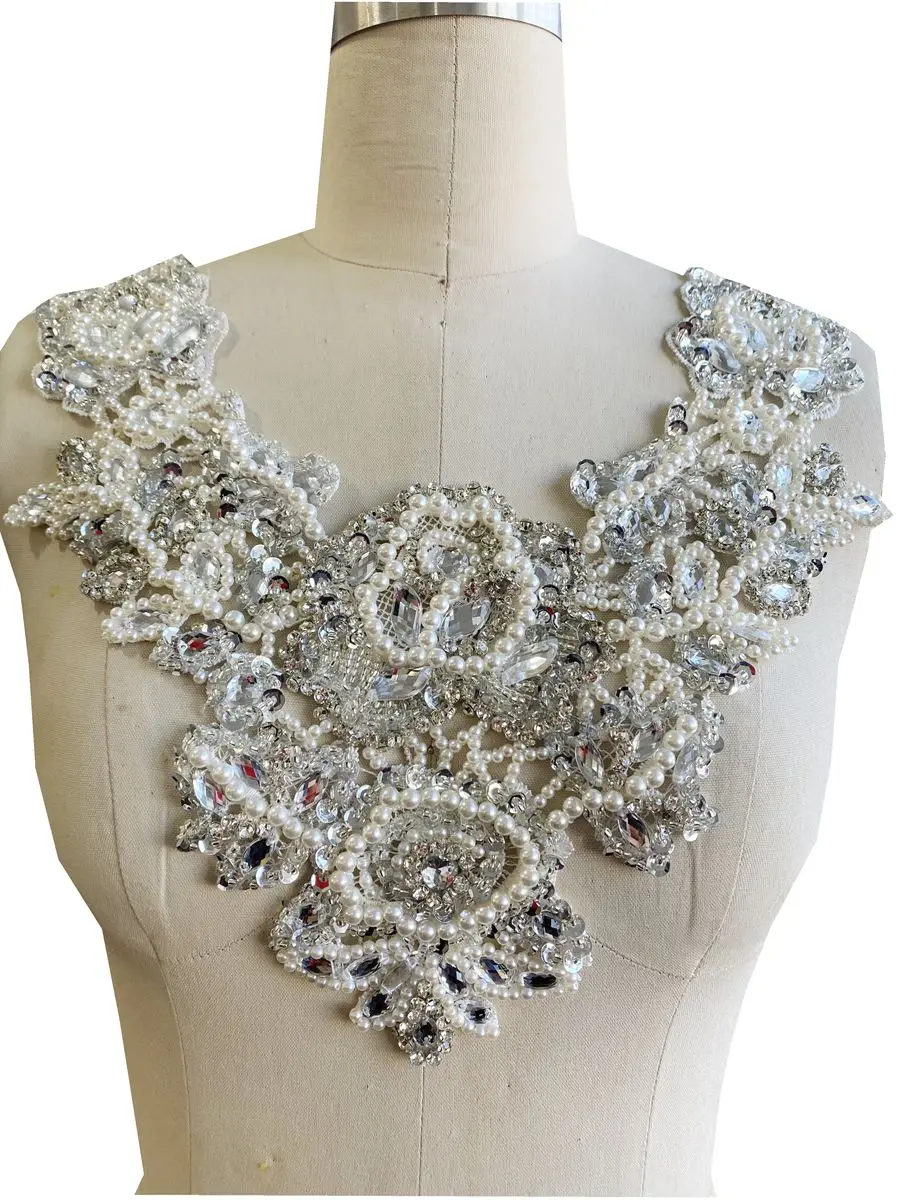 Luxury O Neck Evening Dress Fabric Beading Tulle Apparel Decoration Diamond Rhinestone Appliqued Prom Gown Material