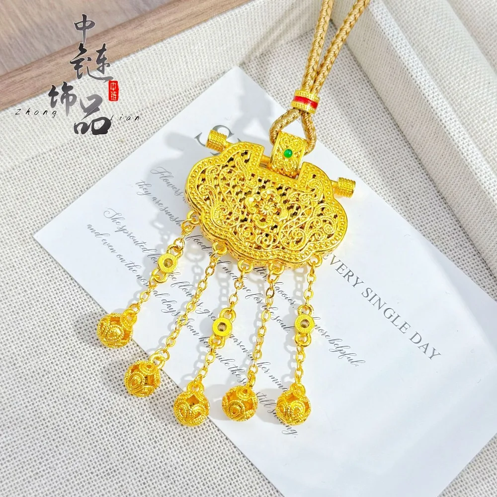 Diamond-encrusted enamel colored dragon and phoenix tassel lock pendant 9999gold