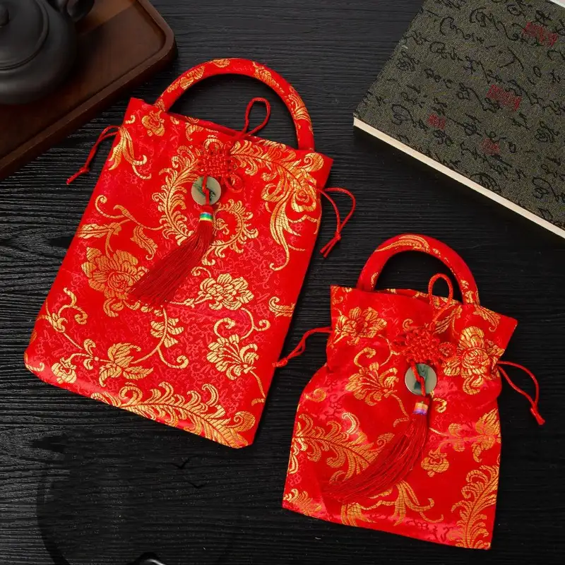 1Pc Canvas Festive Flower Drawstring Bag Chinese Knot Tassel Sugar Bag Wedding Large Capacity Handbag - Image 4