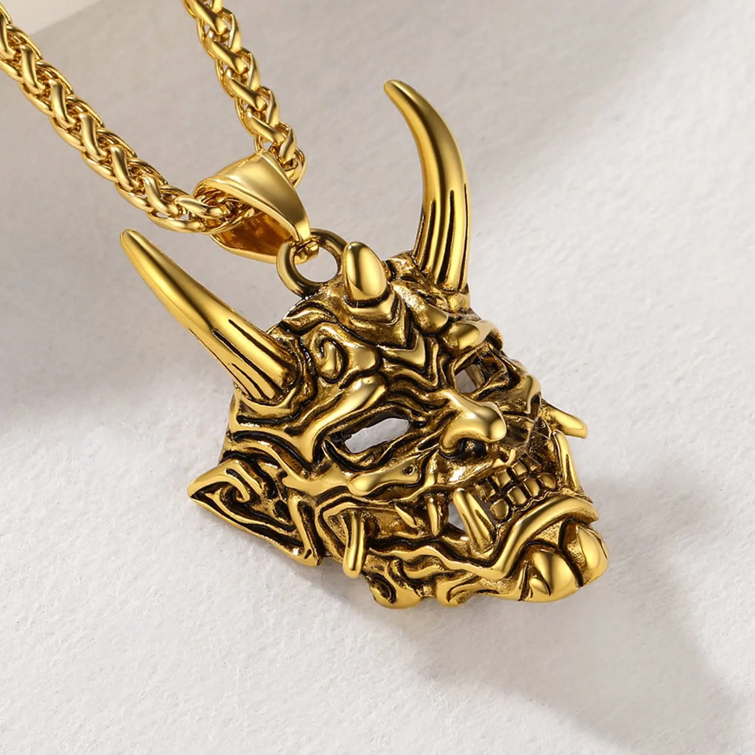 U7 Stainless Steel Evil Demon Horn Hannya Mask Necklace Gold Color Vintage Black Pendant 22\