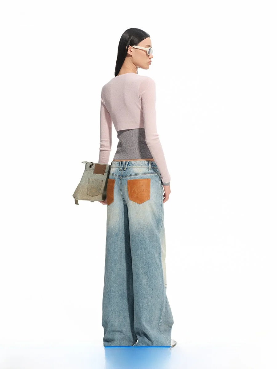 

Свободные кожаные джинсы с низкой талией, повседневные прямые брюки с прямыми штанинами ручной работы для женщин