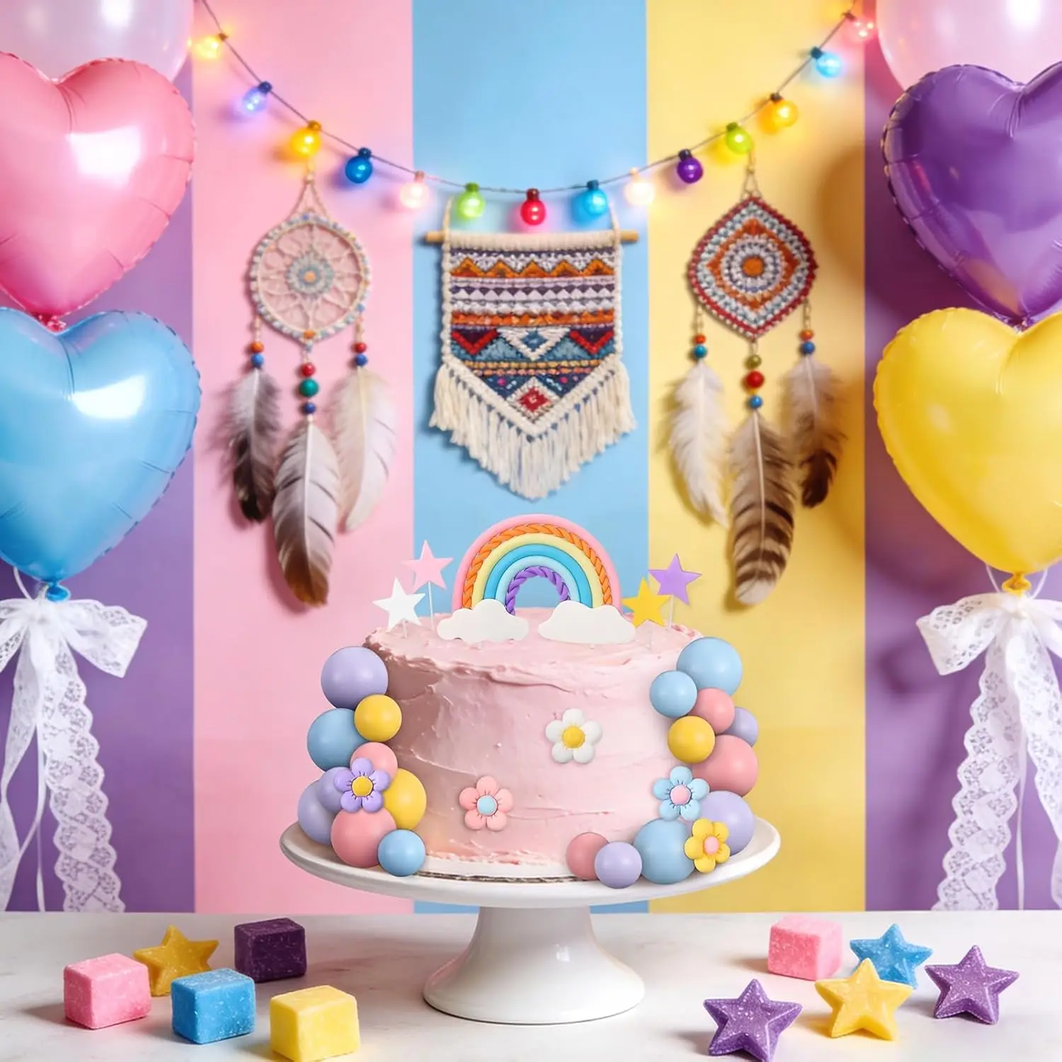 32-teiliges Regenbogen-Kuchenaufsatz-Set mit Blumen- und Sternmotiven, Boho-Groovy Kuchendekoration für Geburtstag und Hochzeit – Detail 6