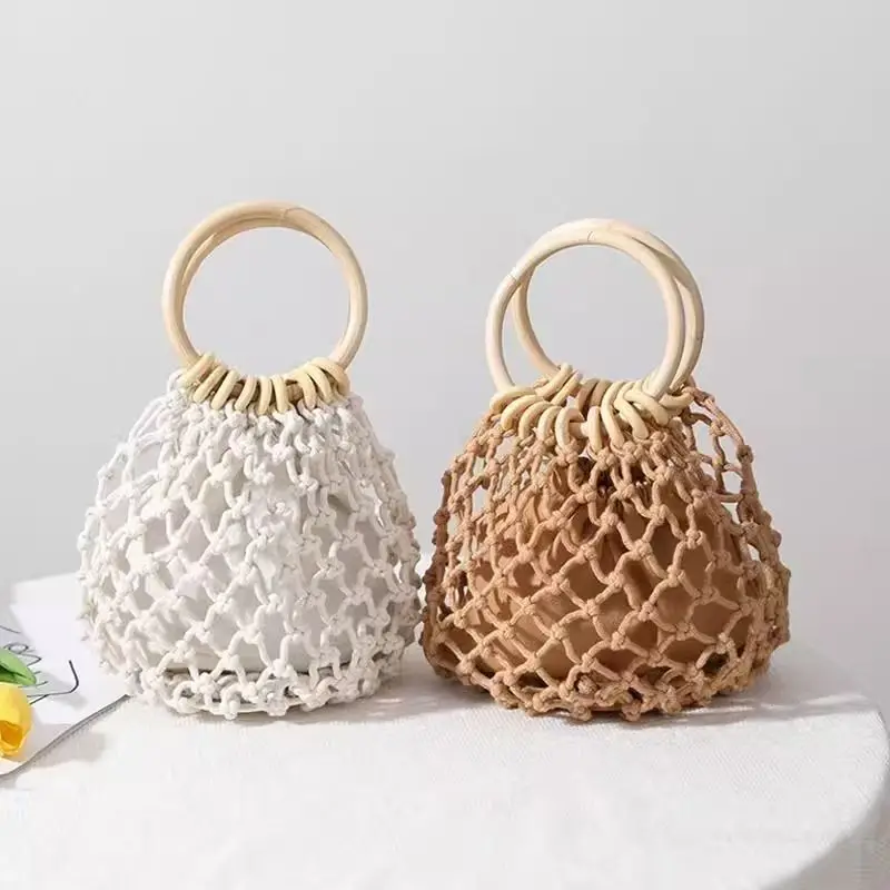 Hot Artistic Hand Woven Tote Bag for Women Hollow Out Summer Vacation Beach Straw Bag Stylish Cotton Thread Woven Handbag