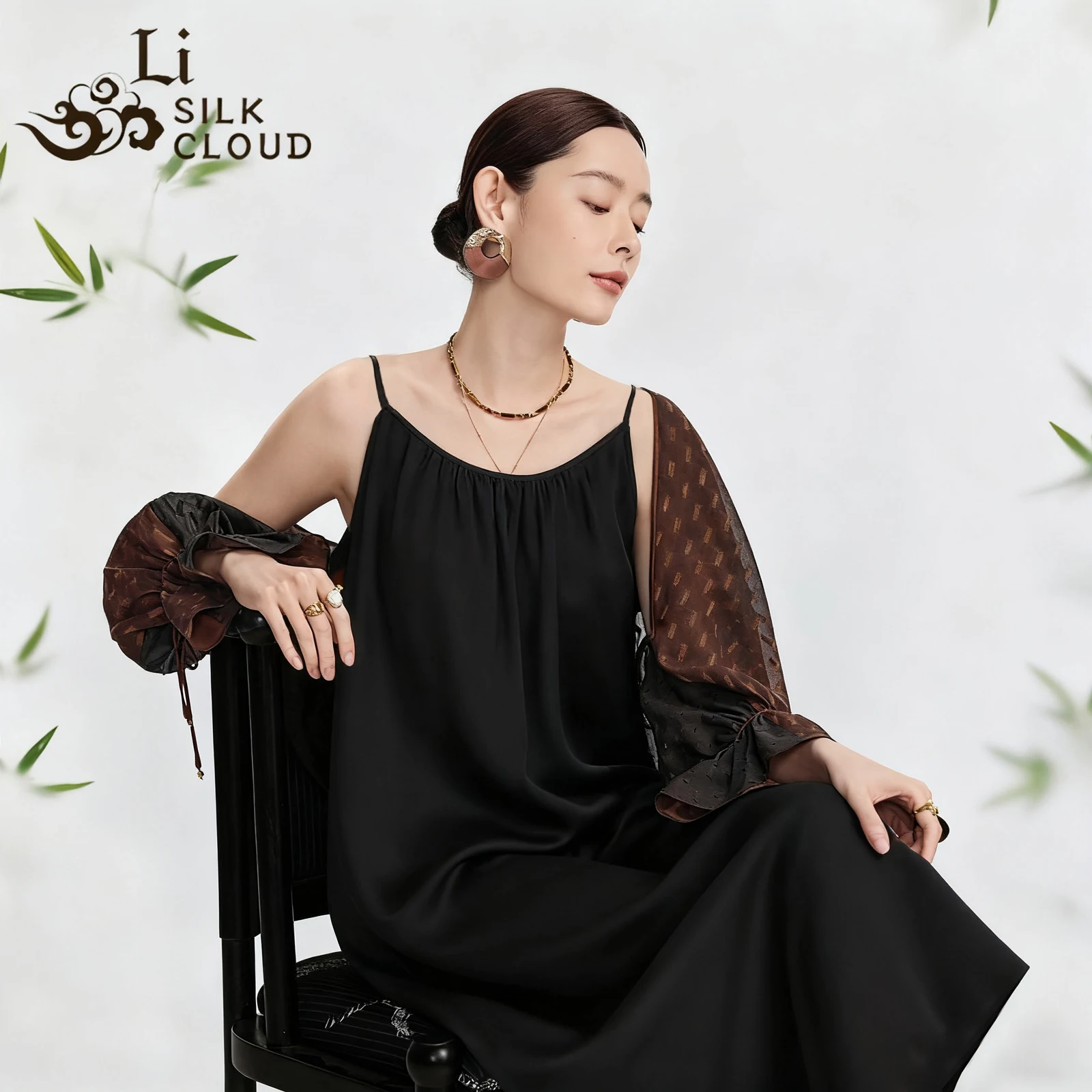 

LI SILK CLOUD Xiangyunsha Camisole Dress - Pure Black Drapey Silk Long Dress, Chinese Style Retro Dress for Inner/Outer Wear