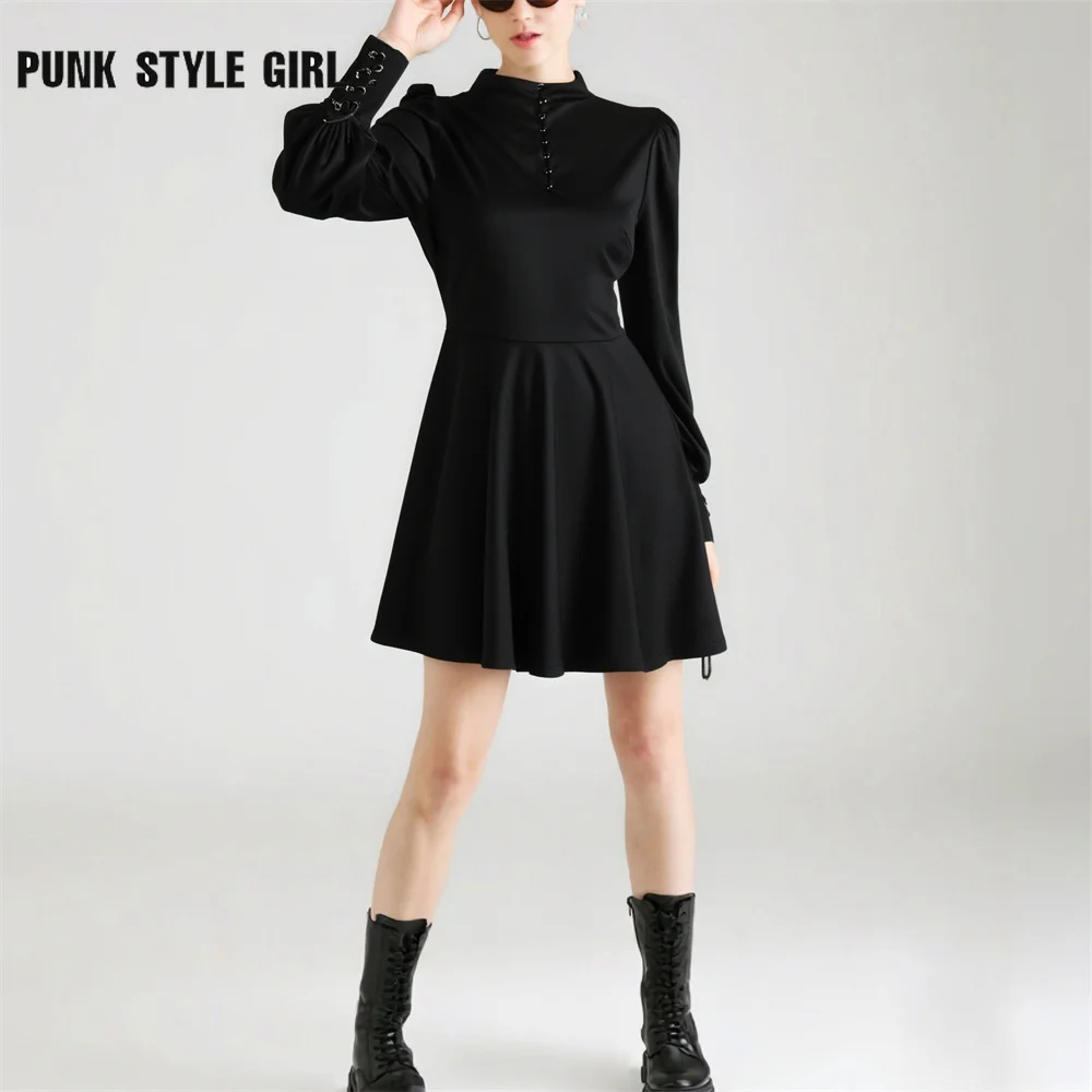 Ins Dark Black Gothic Harajuku Mini Casual Dress Long Sleeve with Lace Button Steampunk Solid A Line Shirt Dance Kpop Dresses