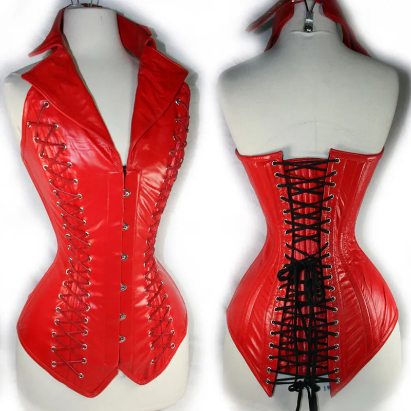 

Red Sexy V-Neck PU Leather Corset Vest Gothic Steampunk Steel Boned Waist Cincher Leather Corset Women's Slimming Body Shapewear