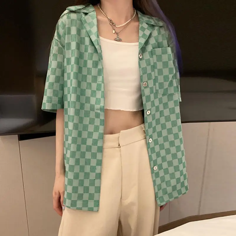 EBAIHUI Green Plaid Shirt Korean Version Sweet Women's Short Sleeved Blouse Summer Hong Kong Style Causal Cardigan Blusas