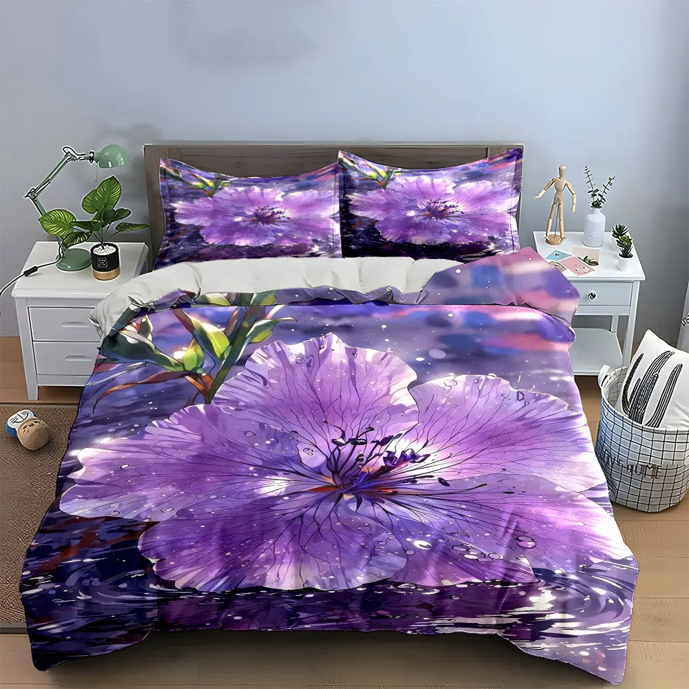 Purple Flower Themed Three-Piece Set Soft Skin-Friendly Bedding Set Includes 1 Duvet Cover And 2 Pillowcase, Gift